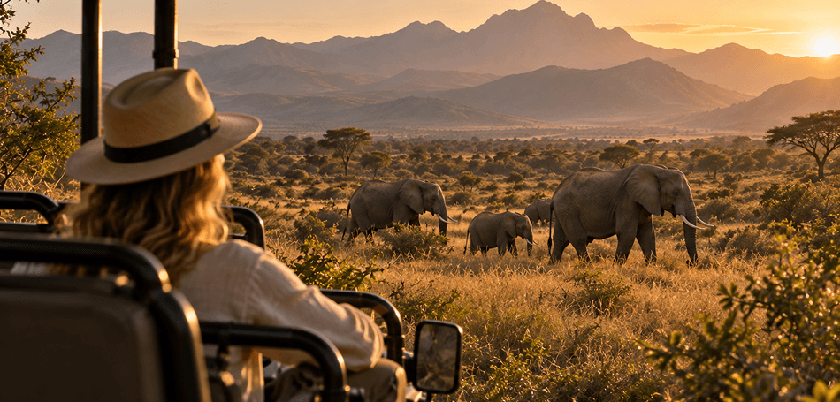 A guest on an open game drive vehicle watching elephants at sunset