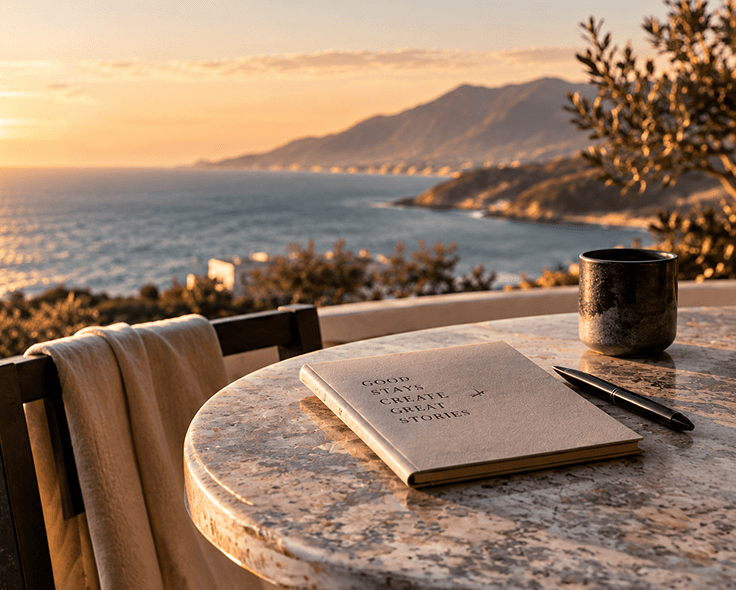 A notebook and coffee cup on a stone table overlooking the coast at sunset