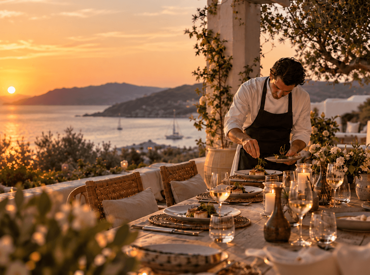 A private chef plating dinner on a candlelit terrace overlooking the bay at sunset