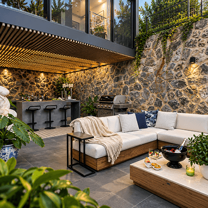 Covered outdoor lounge beside a stone wall